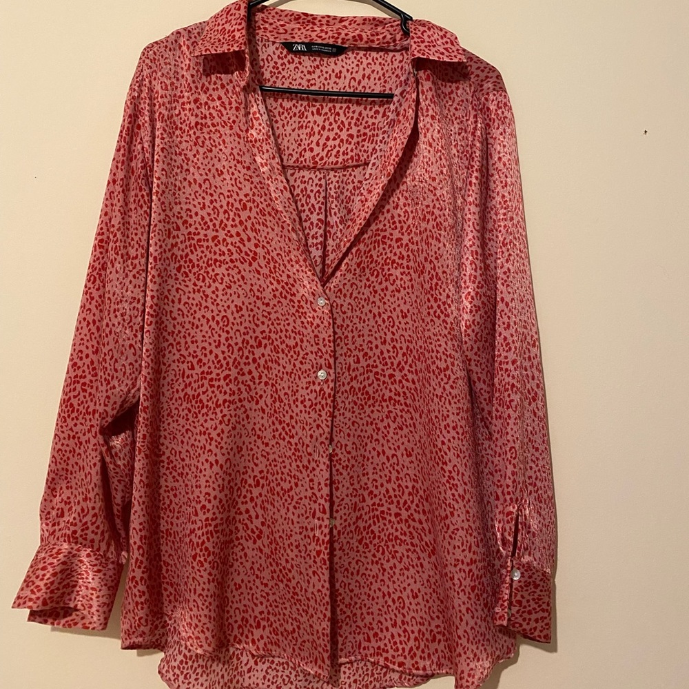 Pink Leopard Print Satin Oversized Button Down Blouse from Zara